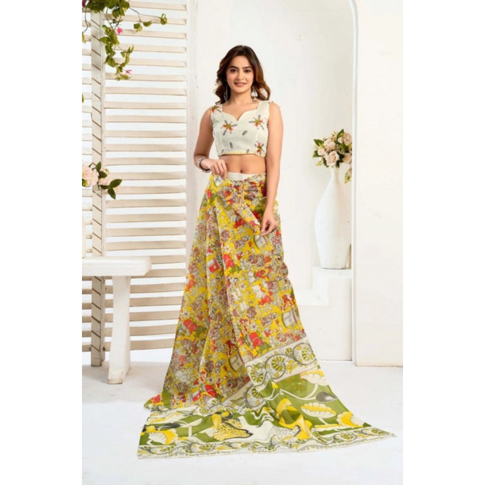 Amfyn Women's Faux_Linen Printed Ready-to-Wear Saree With Unstitched Blouse 5.5 Mtr (Multicolor)