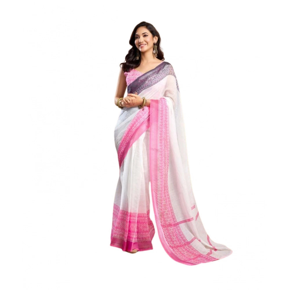 Amfyn Women's Faux_Linen Printed Ready-to-Wear Saree With Unstitched Blouse 5.5 Mtr (Off_White)