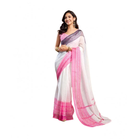 Amfyn Women's Faux_Linen Printed Ready-to-Wear Saree With Unstitched Blouse 5.5 Mtr (Off_White)