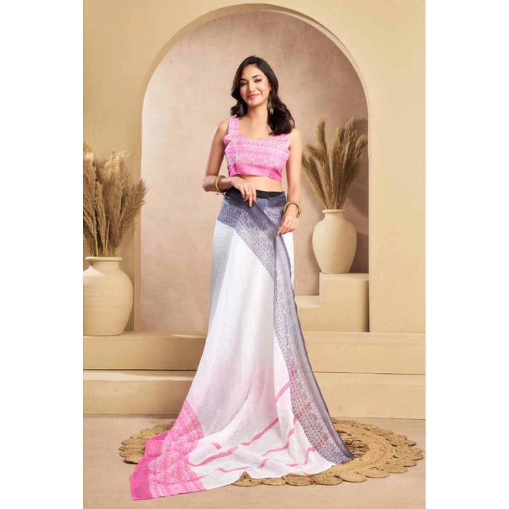 Amfyn Women's Faux_Linen Printed Ready-to-Wear Saree With Unstitched Blouse 5.5 Mtr (Off_White)