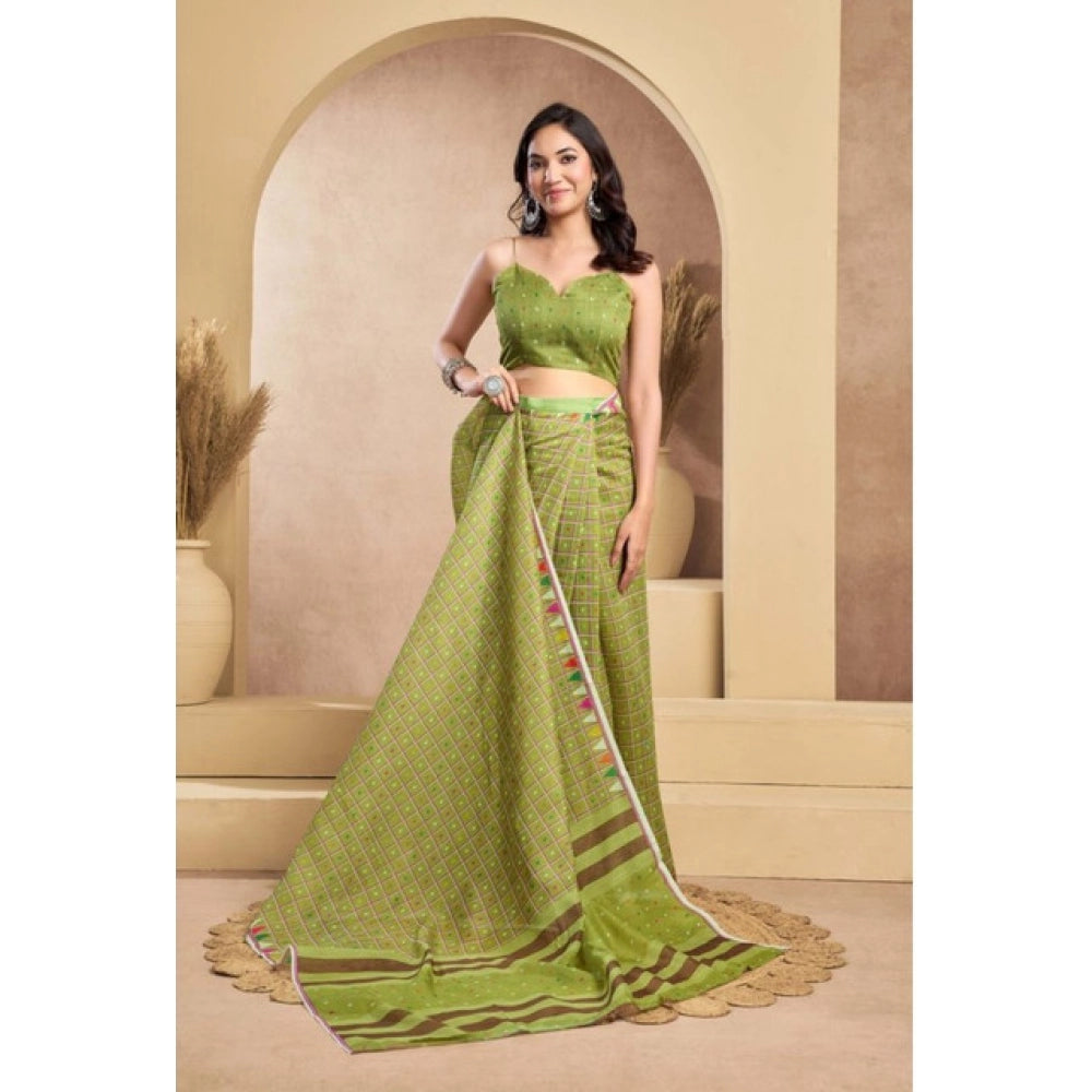 Amfyn Women's Faux_Linen Printed Ready-to-Wear Saree With Unstitched Blouse 5.5 Mtr (Olive)