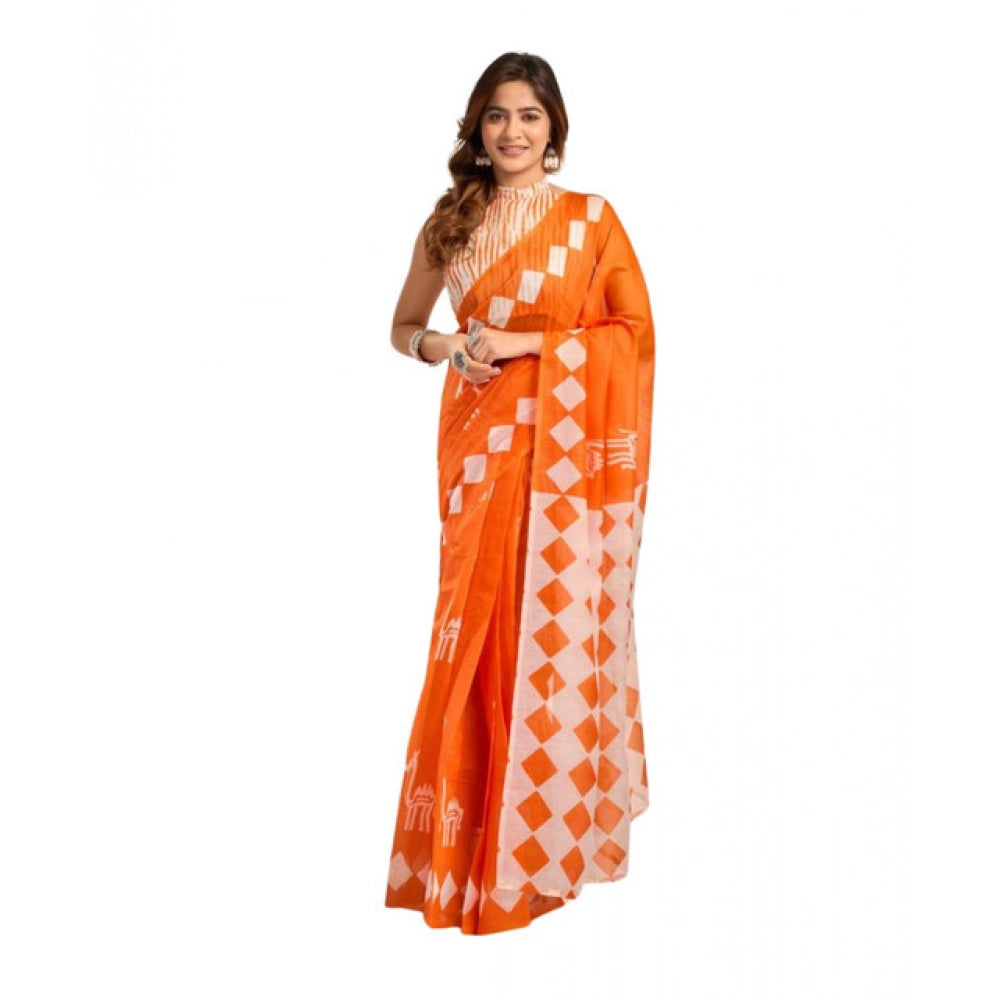 Amfyn Women's Faux_Linen Printed Ready-to-Wear Saree With Unstitched Blouse 5.5 Mtr (Orange)