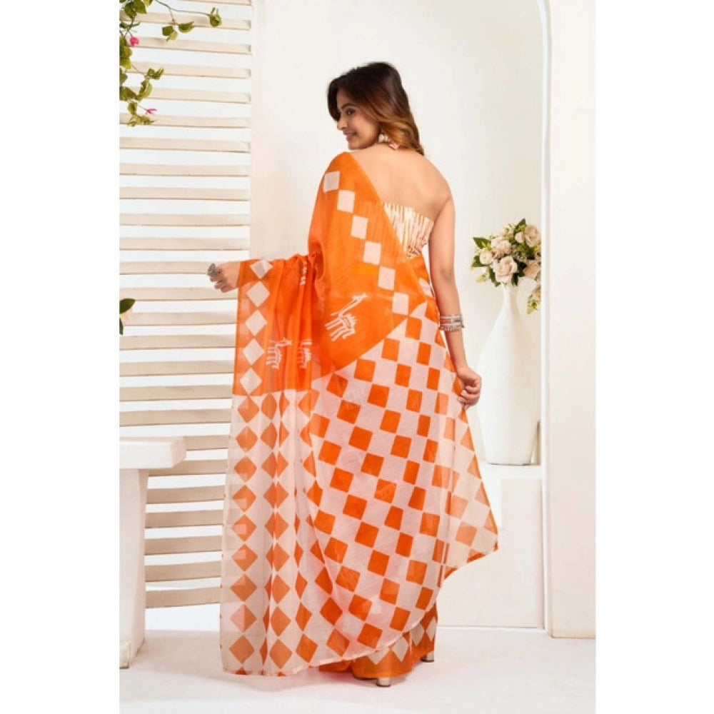 Amfyn Women's Faux_Linen Printed Ready-to-Wear Saree With Unstitched Blouse 5.5 Mtr (Orange)