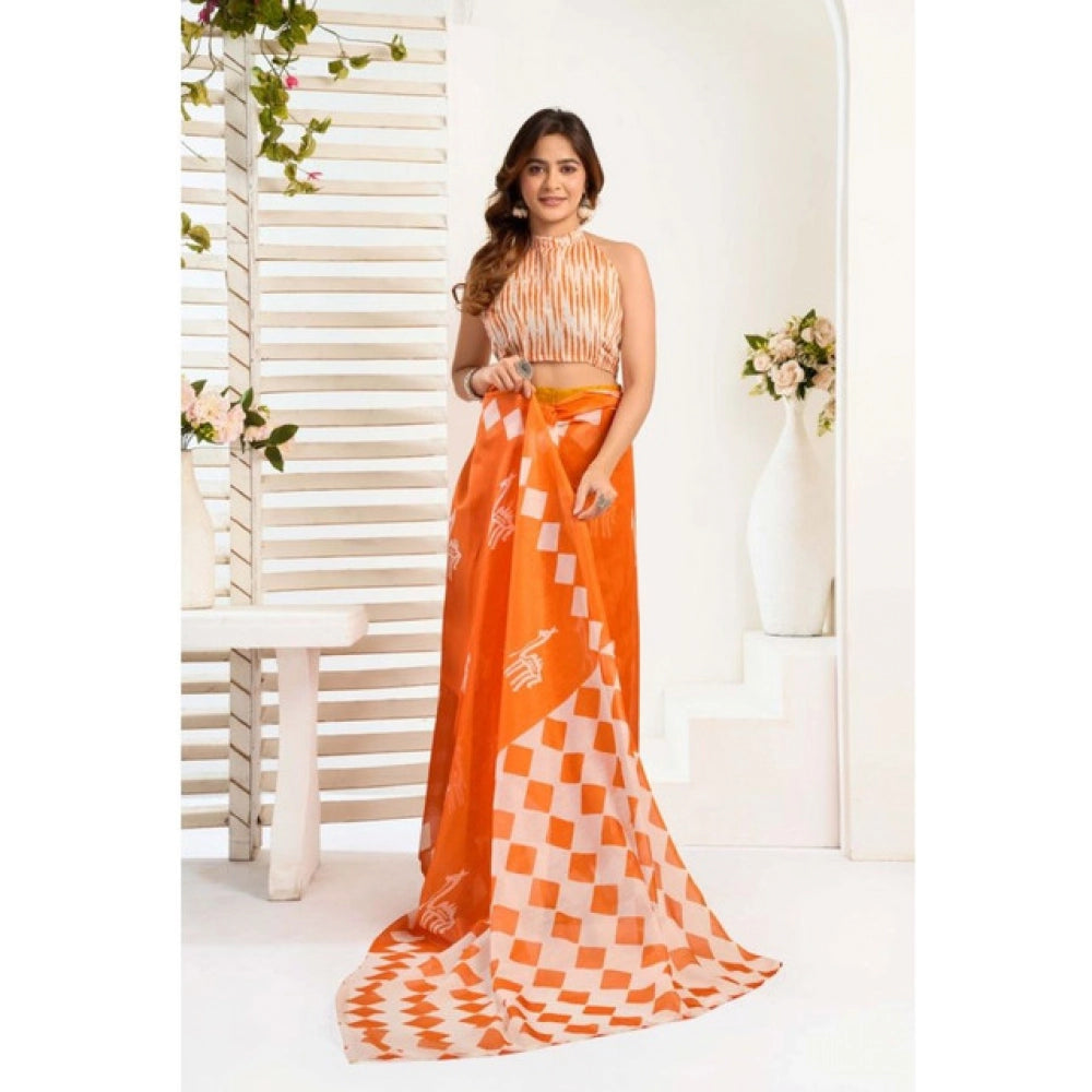 Amfyn Women's Faux_Linen Printed Ready-to-Wear Saree With Unstitched Blouse 5.5 Mtr (Orange)