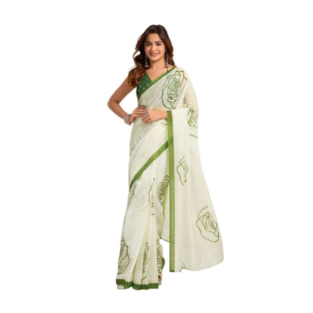 Amfyn Women's Faux_Linen Printed Ready-to-Wear Saree With Unstitched Blouse 5.5 Mtr (White)