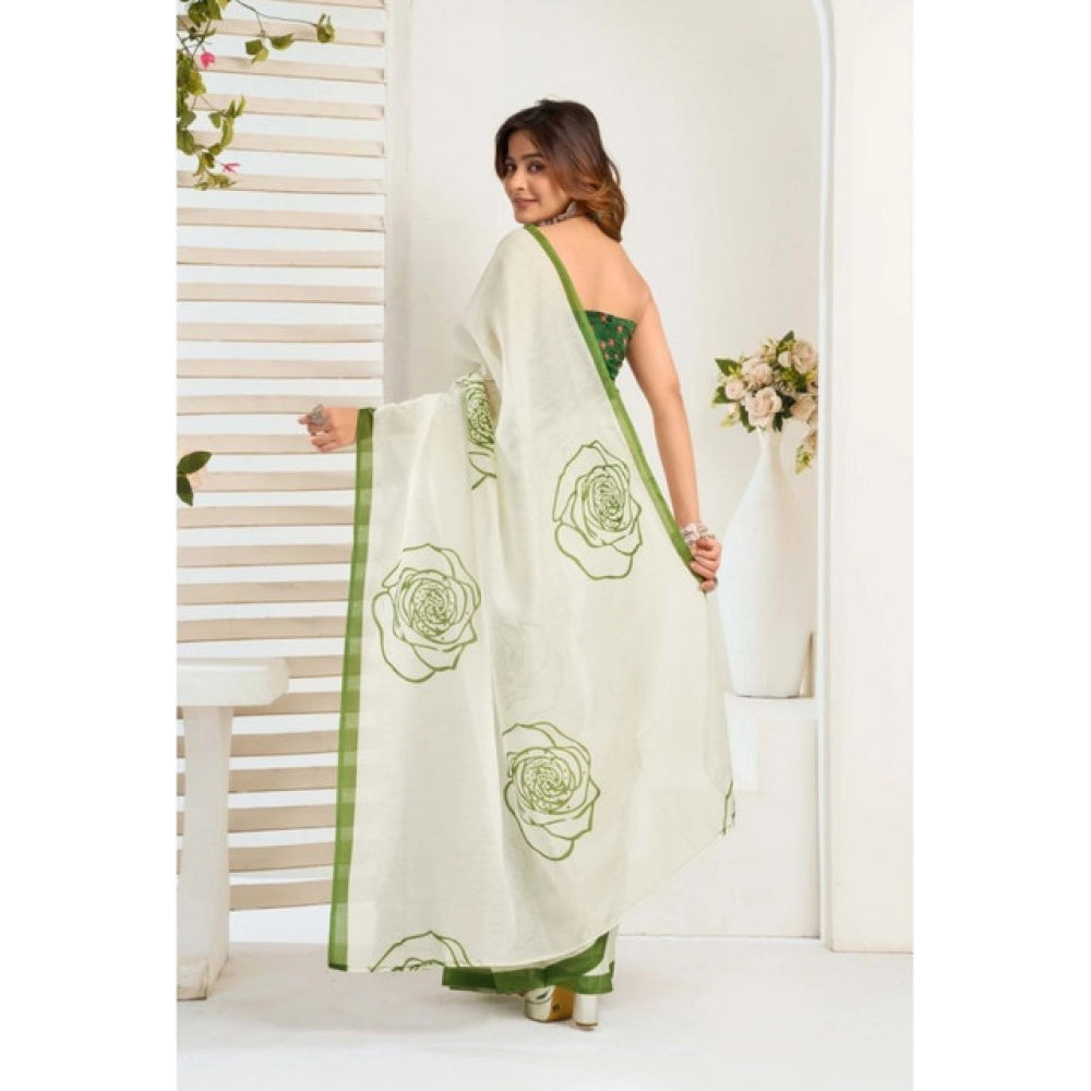 Amfyn Women's Faux_Linen Printed Ready-to-Wear Saree With Unstitched Blouse 5.5 Mtr (White)