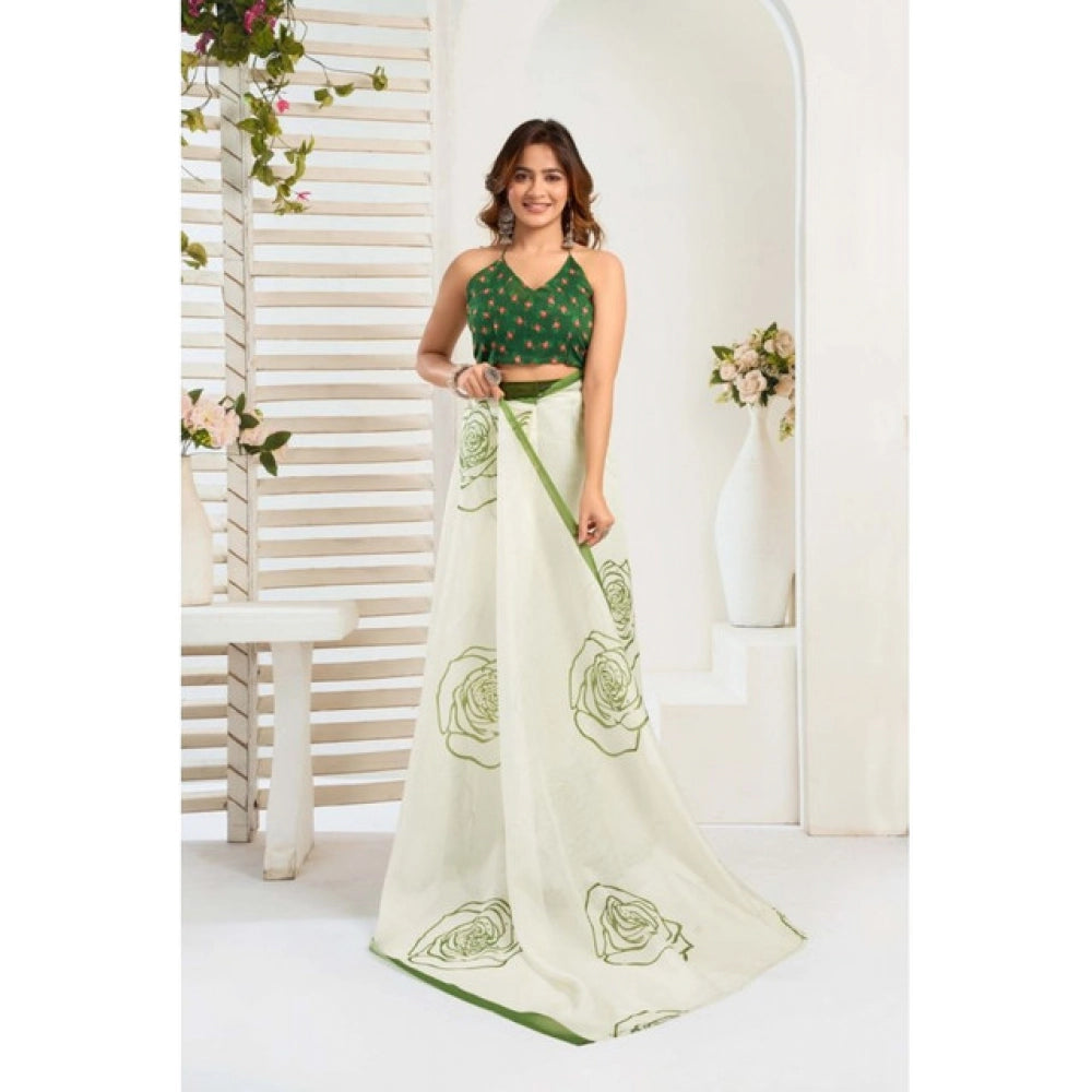 Amfyn Women's Faux_Linen Printed Ready-to-Wear Saree With Unstitched Blouse 5.5 Mtr (White)