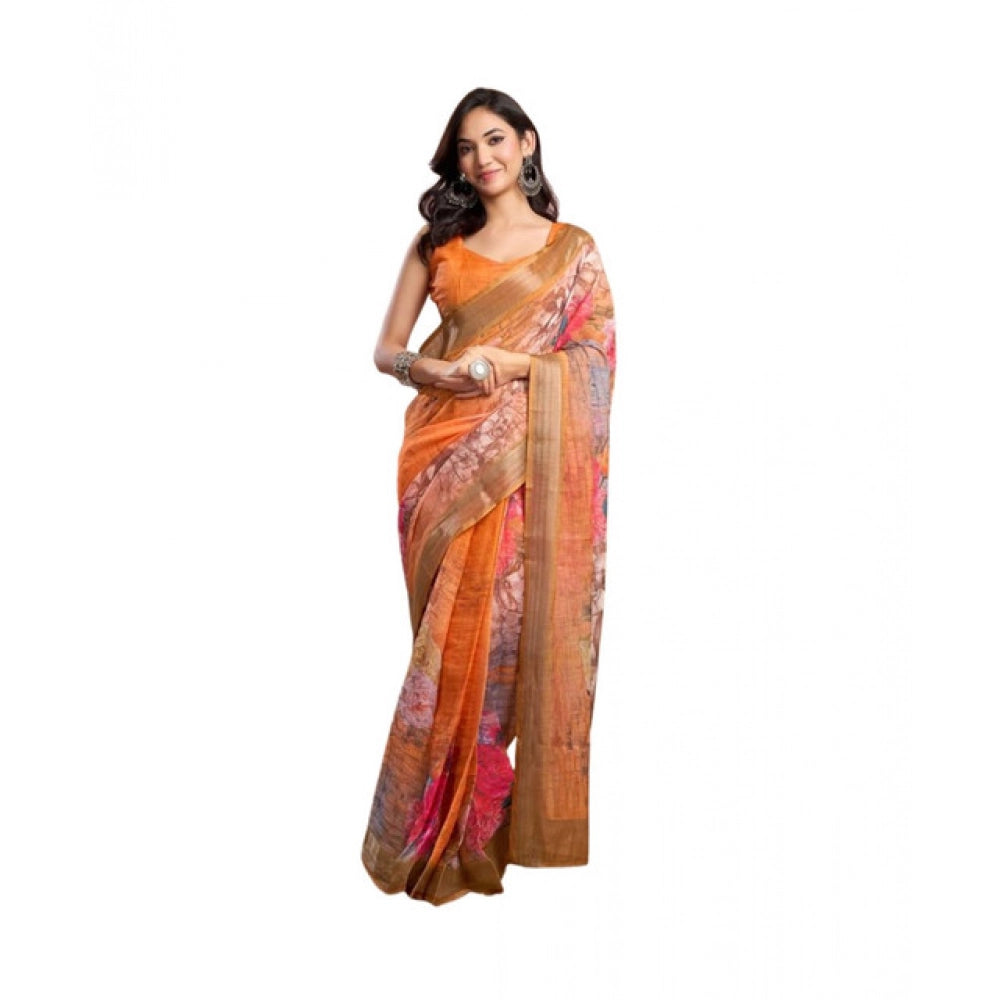 Amfyn Women's Faux_Linen Printed Ready-to-Wear Saree With Unstitched Blouse 5.5 Mtr (Orange)