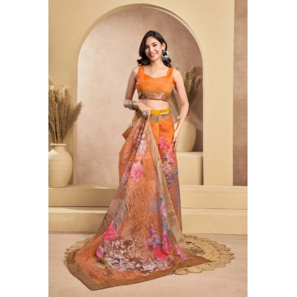 Amfyn Women's Faux_Linen Printed Ready-to-Wear Saree With Unstitched Blouse 5.5 Mtr (Orange)