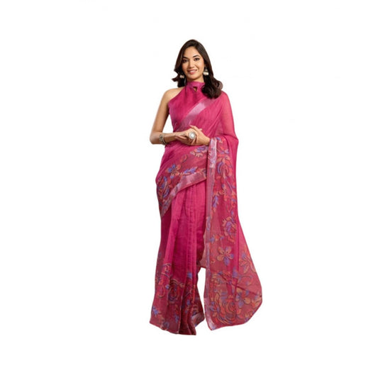 Amfyn Women's Faux_Linen Printed Ready-to-Wear Saree With Unstitched Blouse 5.5 Mtr (Pink)