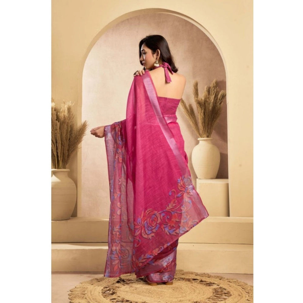 Amfyn Women's Faux_Linen Printed Ready-to-Wear Saree With Unstitched Blouse 5.5 Mtr (Pink)
