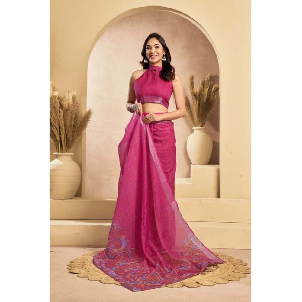 Amfyn Women's Faux_Linen Printed Ready-to-Wear Saree With Unstitched Blouse 5.5 Mtr (Pink)
