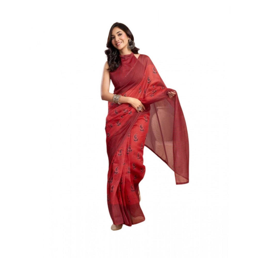 Amfyn Women's Faux_Linen Printed Ready-to-Wear Saree With Unstitched Blouse 5.5 Mtr (Red)