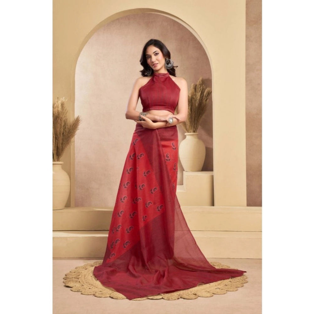 Amfyn Women's Faux_Linen Printed Ready-to-Wear Saree With Unstitched Blouse 5.5 Mtr (Red)
