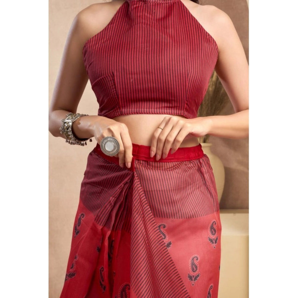 Amfyn Women's Faux_Linen Printed Ready-to-Wear Saree With Unstitched Blouse 5.5 Mtr (Red)