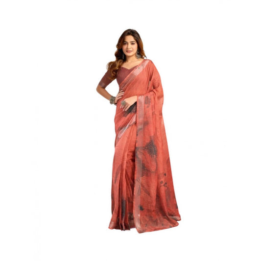 Amfyn Women's Faux_Linen Printed Ready-to-Wear Saree With Unstitched Blouse 5.5 Mtr (Rust)