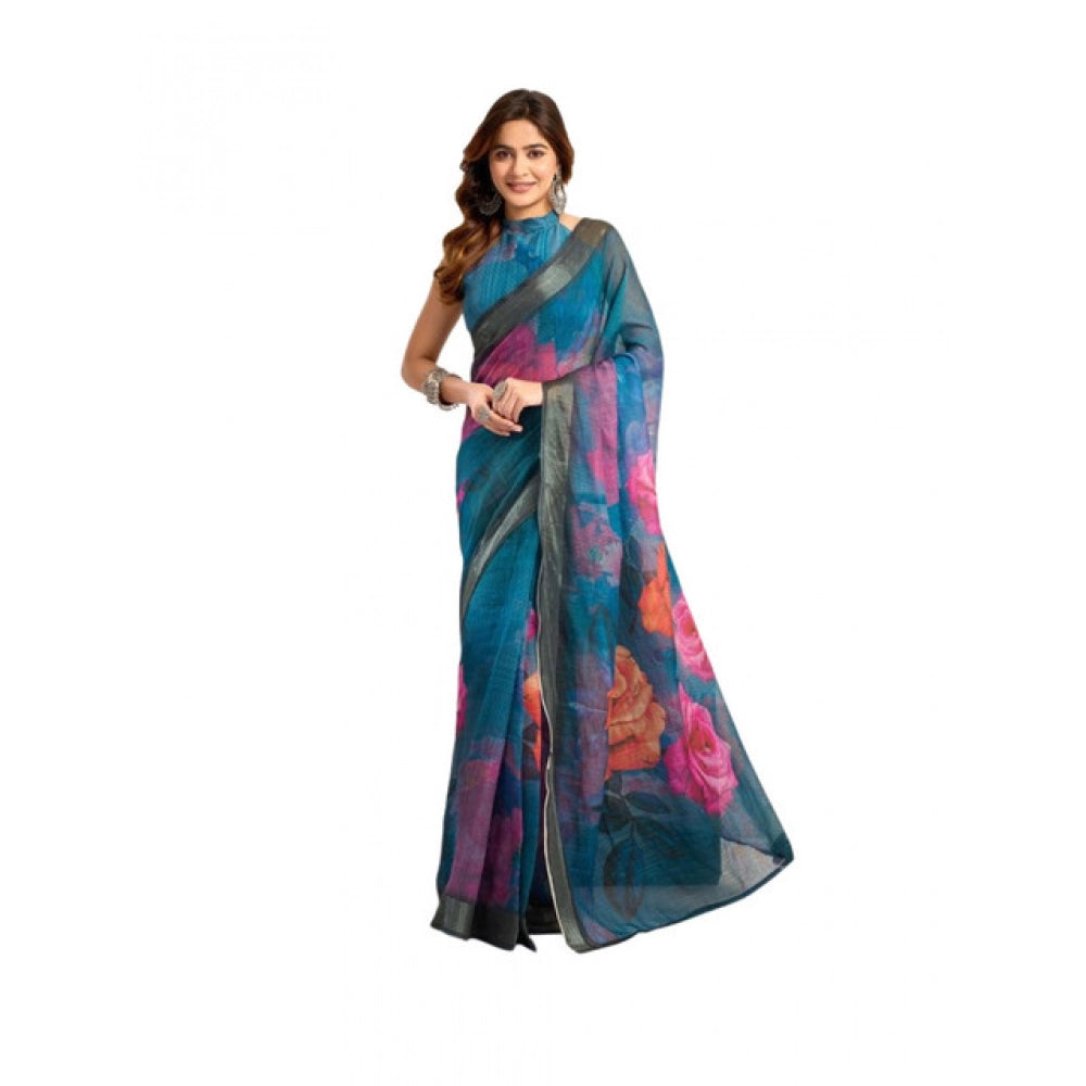 Amfyn Women's Faux_Linen Printed Ready-to-Wear Saree With Unstitched Blouse 5.5 Mtr (Teal)
