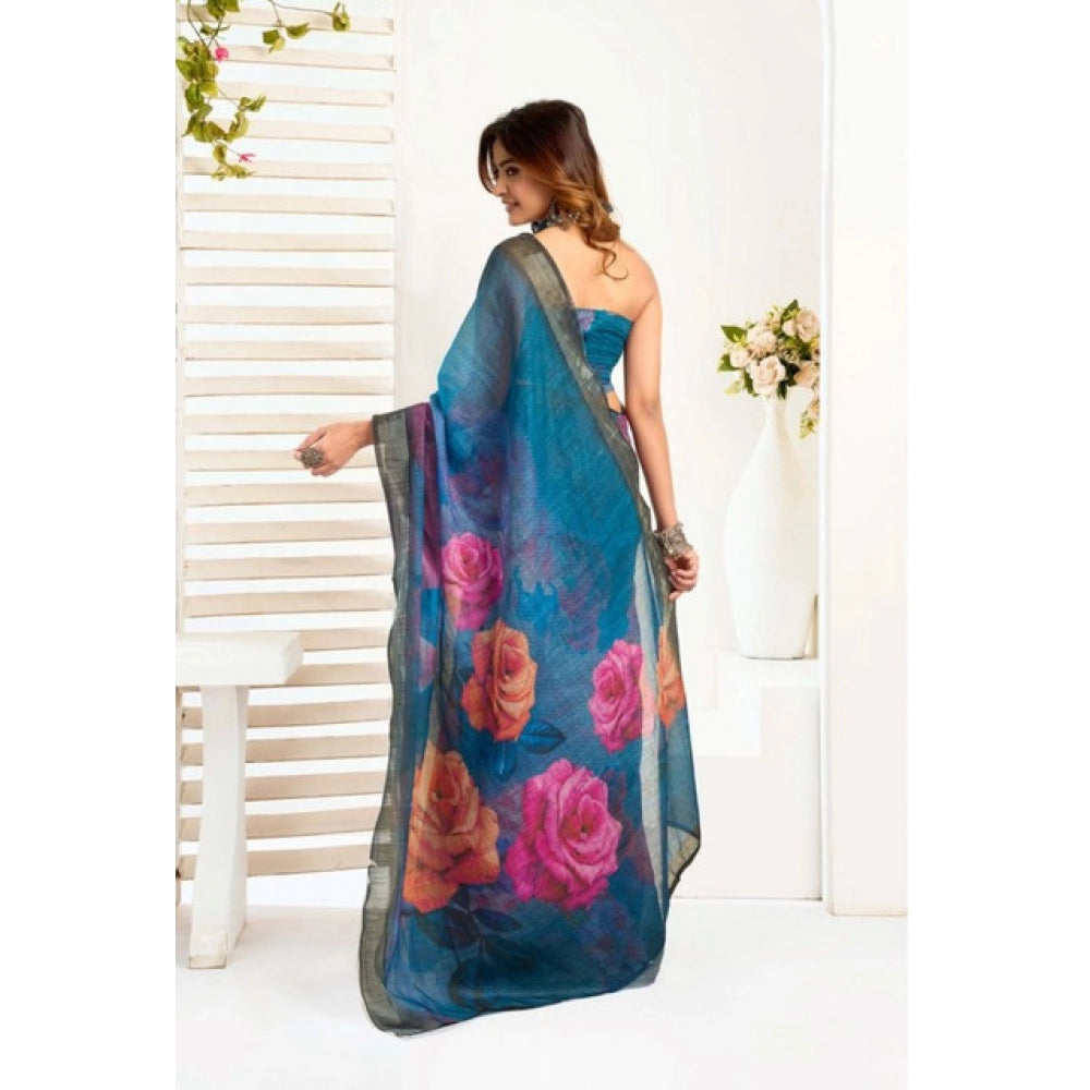 Amfyn Women's Faux_Linen Printed Ready-to-Wear Saree With Unstitched Blouse 5.5 Mtr (Teal)