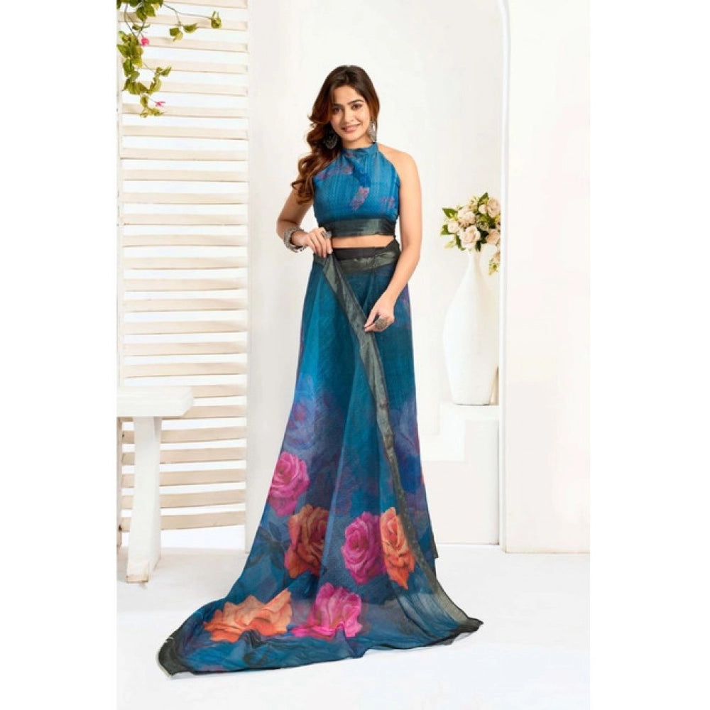 Amfyn Women's Faux_Linen Printed Ready-to-Wear Saree With Unstitched Blouse 5.5 Mtr (Teal)