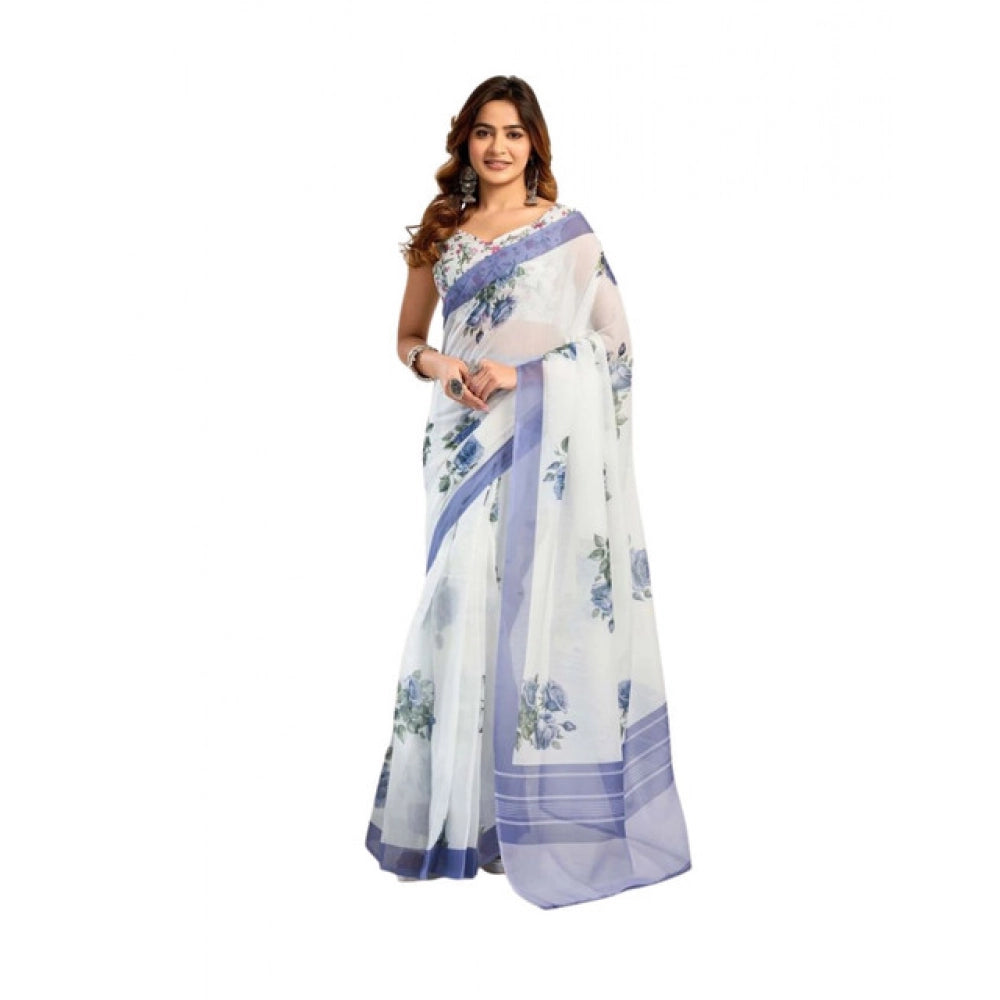 Amfyn Women's Faux_Linen Printed Ready-to-Wear Saree With Unstitched Blouse 5.5 Mtr (White)