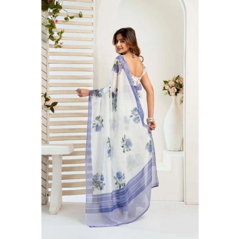 Amfyn Women's Faux_Linen Printed Ready-to-Wear Saree With Unstitched Blouse 5.5 Mtr (White)