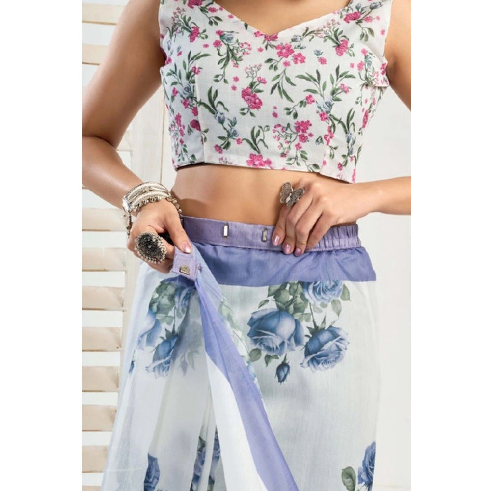 Amfyn Women's Faux_Linen Printed Ready-to-Wear Saree With Unstitched Blouse 5.5 Mtr (White)