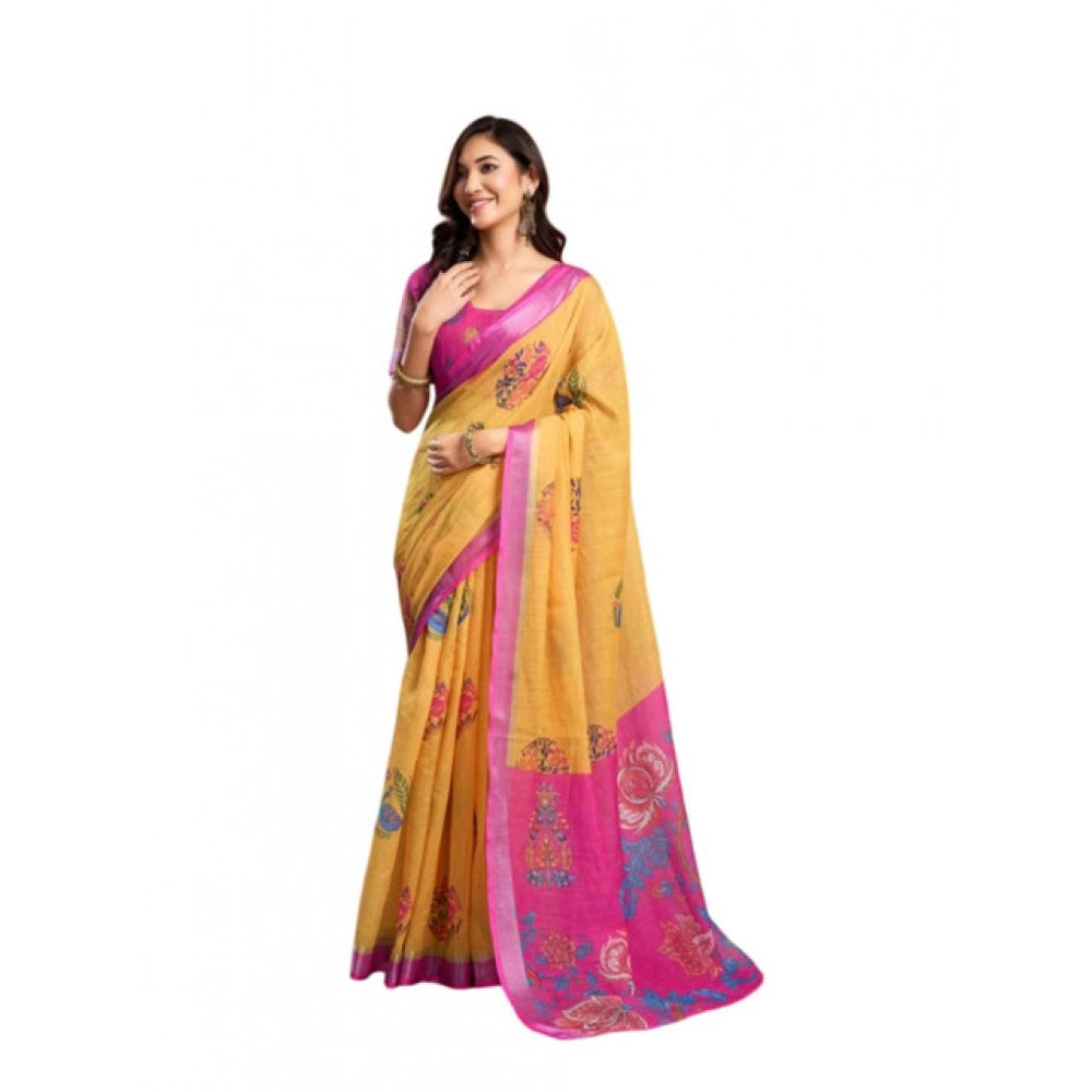 Amfyn Women's Faux_Linen Printed Ready-to-Wear Saree With Unstitched Blouse 5.5 Mtr (Yellow)