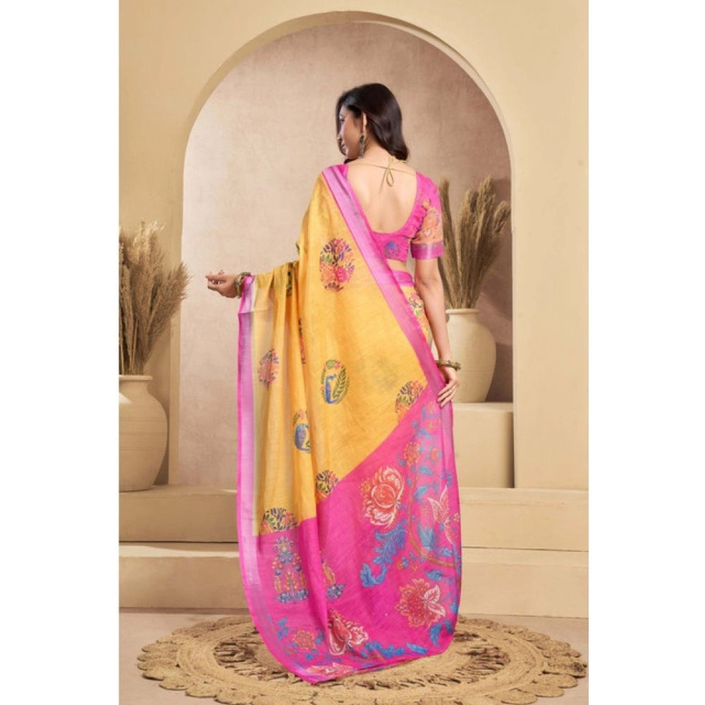 Amfyn Women's Faux_Linen Printed Ready-to-Wear Saree With Unstitched Blouse 5.5 Mtr (Yellow)