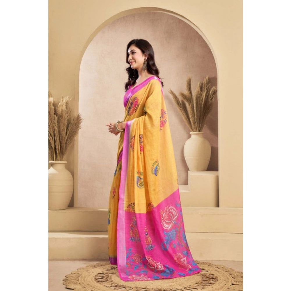 Amfyn Women's Faux_Linen Printed Ready-to-Wear Saree With Unstitched Blouse 5.5 Mtr (Yellow)