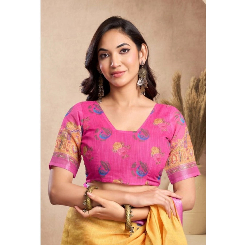 Amfyn Women's Faux_Linen Printed Ready-to-Wear Saree With Unstitched Blouse 5.5 Mtr (Yellow)