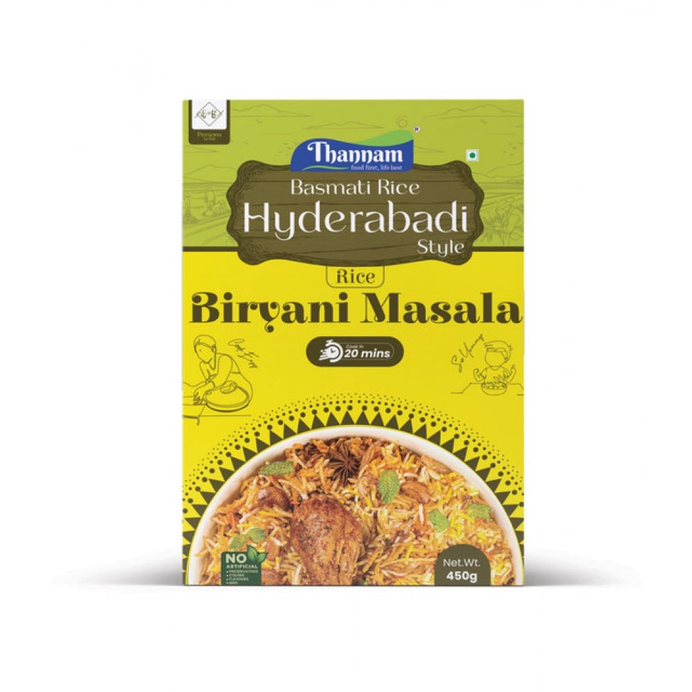 Thannam Hydrabadi biryani masala for basmati rice pack, yellow front with rice artwork