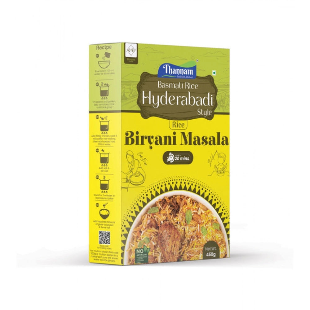 Thannam Hydrabadi biryani masala for basmati rice pack, angled view with rice artwork