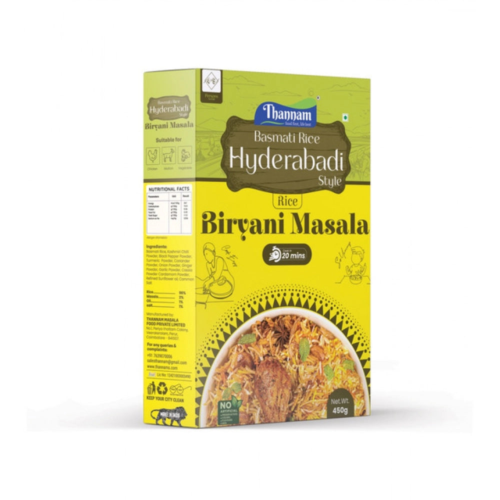 Thannam Hydrabadi biryani masala for basmati rice pack, yellow back with cooking info