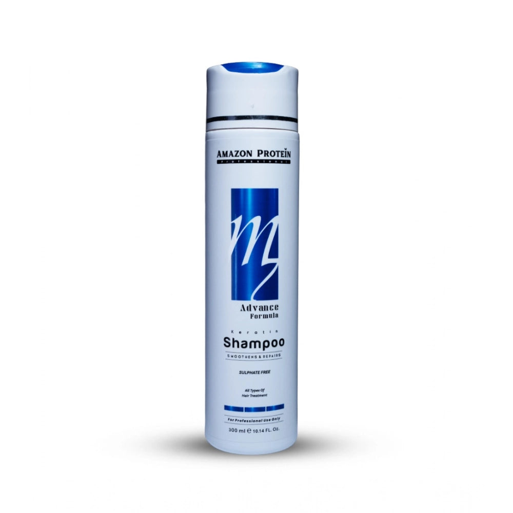 Keratin protein shampoo bottle with blue cap and 300 ml label