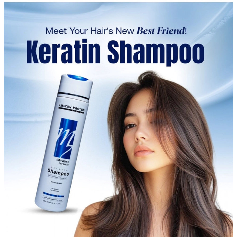 Keratin shampoo bottle beside woman with long brown hair