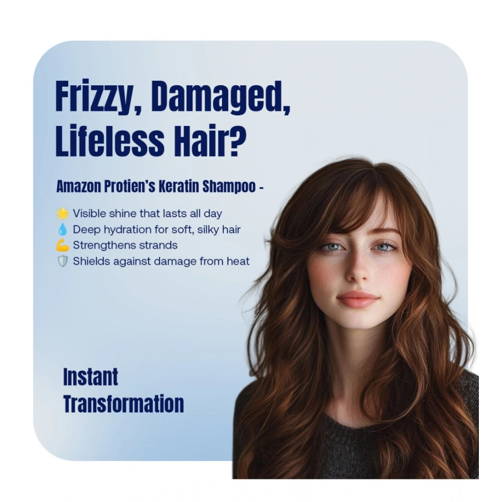 Keratin shampoo bottle with woman portrait and soft hair styling panel