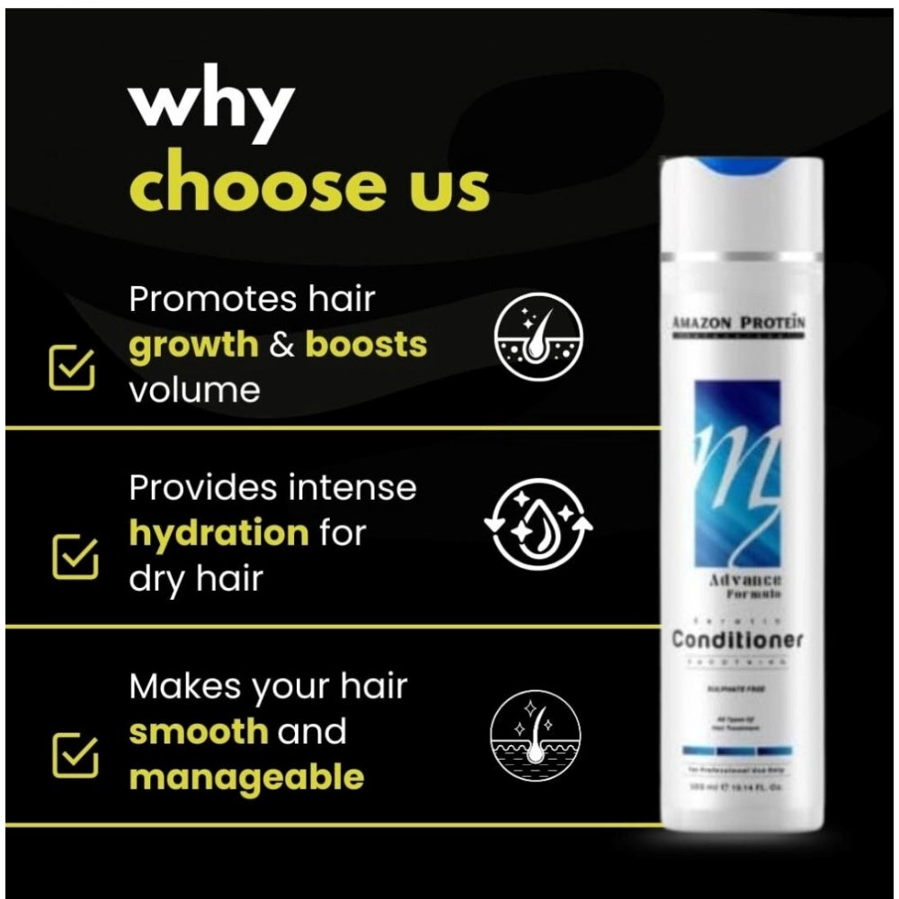 Keratin conditioner bottle with blue label and benefit graphic