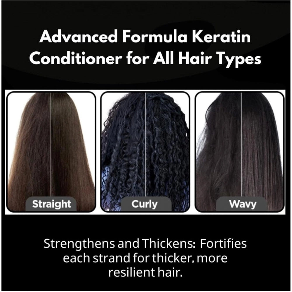 Keratin conditioner infographic with straight, curly, wavy hair examples