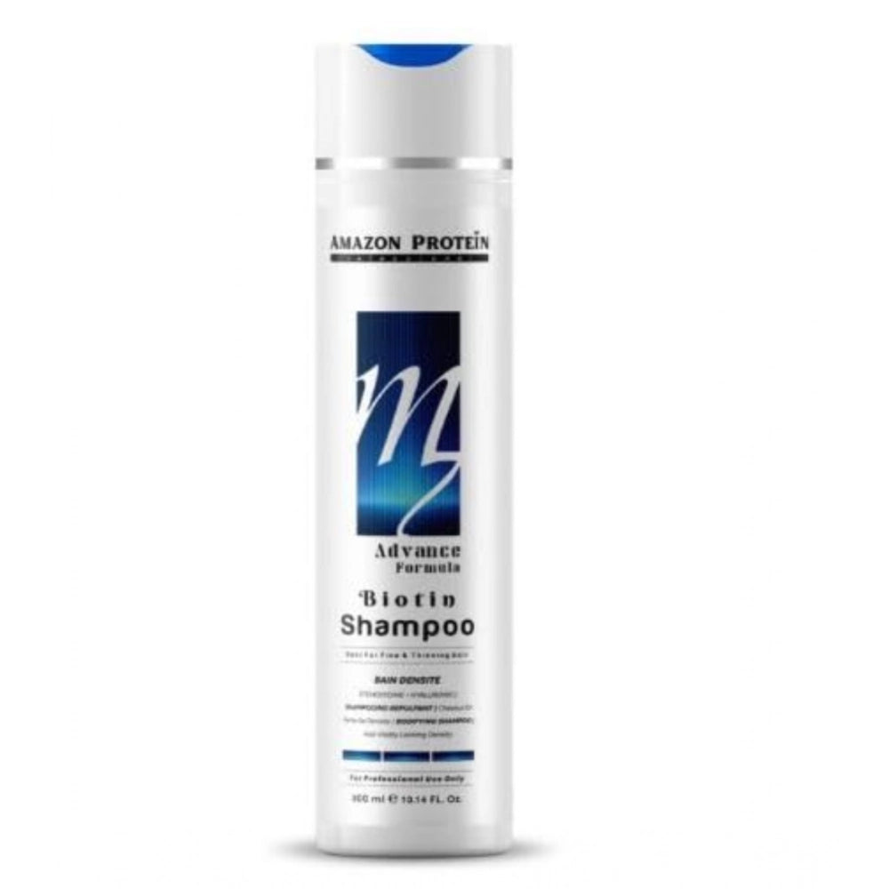 Biotin shampoo bottle with blue-and-white label, 300 mL size