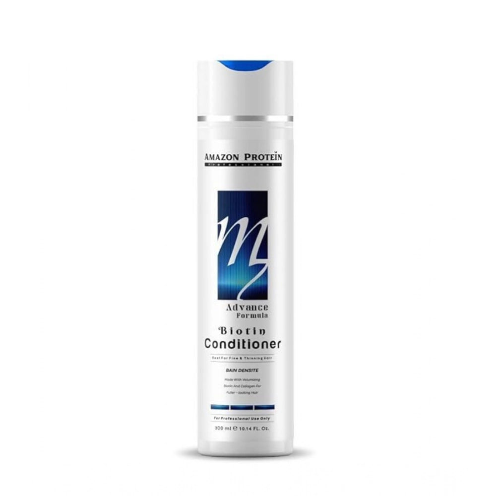 Amfyn protein biotin conditioner bottle, white with blue cap and label.