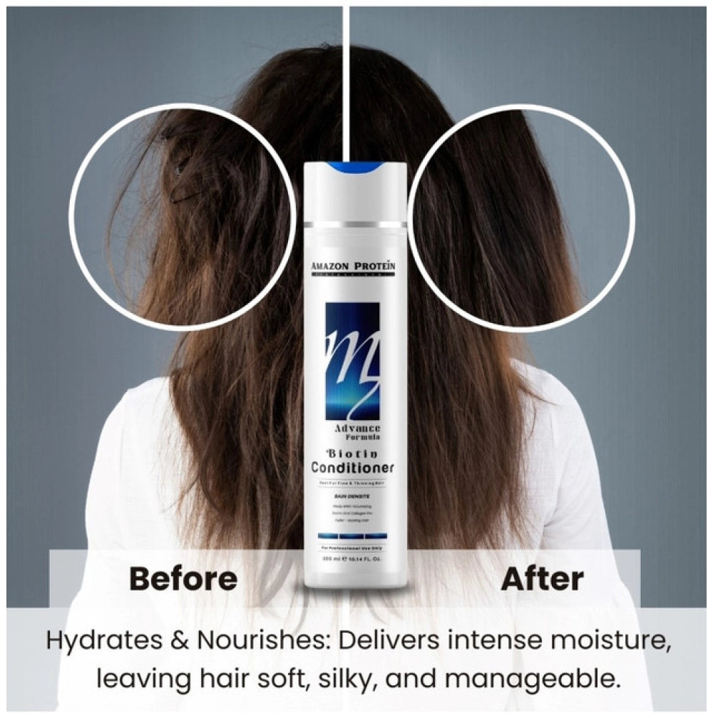 Biotin conditioner bottle centered, flanked by before-and-after hair views.