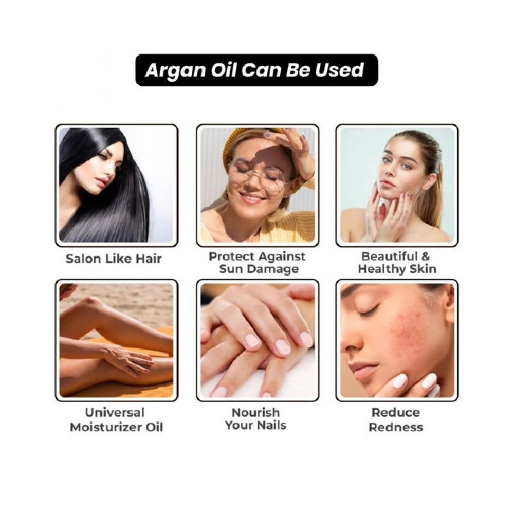 Argan oil bottle with panels showing hair, nails, and skin use