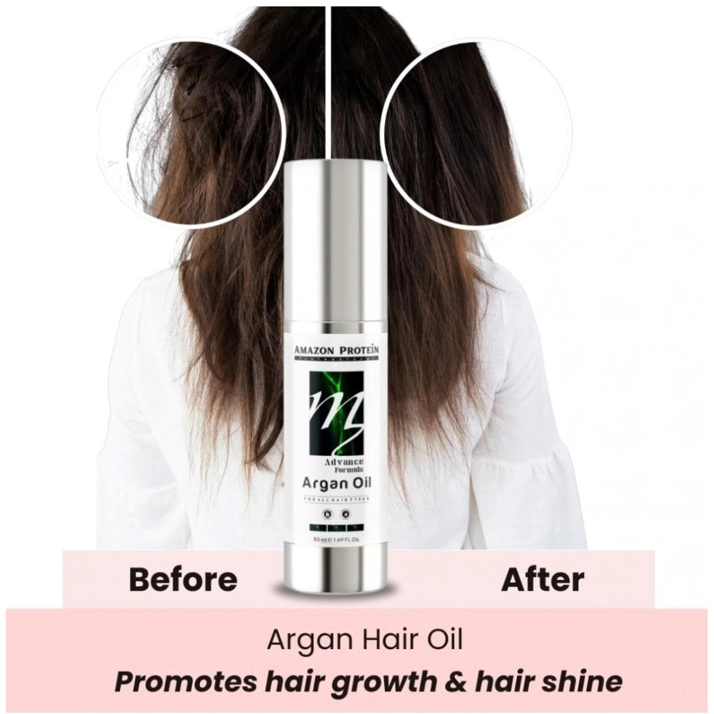 Argan hair oil bottle with before-and-after hair shine