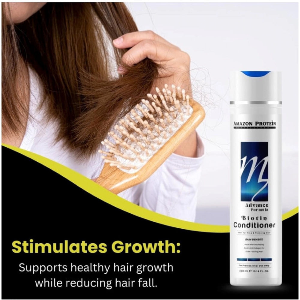 Hair serum bottle beside woman combing brown hair with a wooden brush