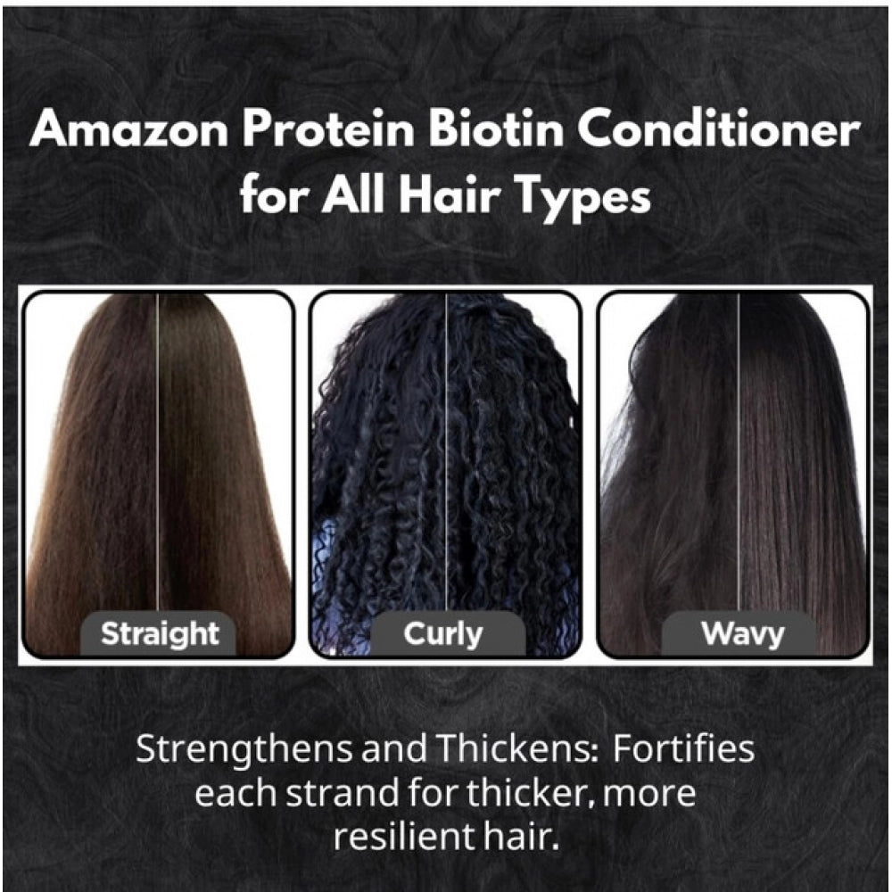 Amazon Protein biotin conditioner showing straight, curly, and wavy hair types