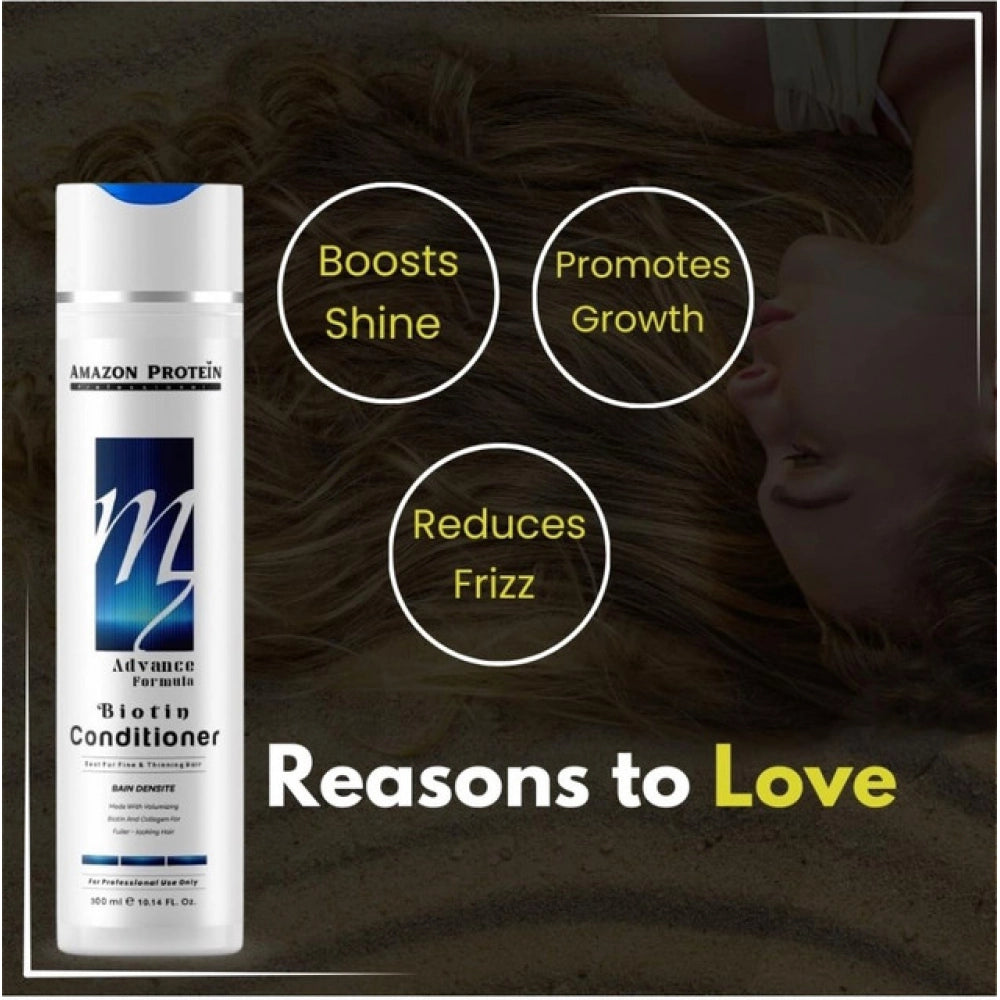 Amazon Protein biotin conditioner bottle with icons for shine and reduced frizz