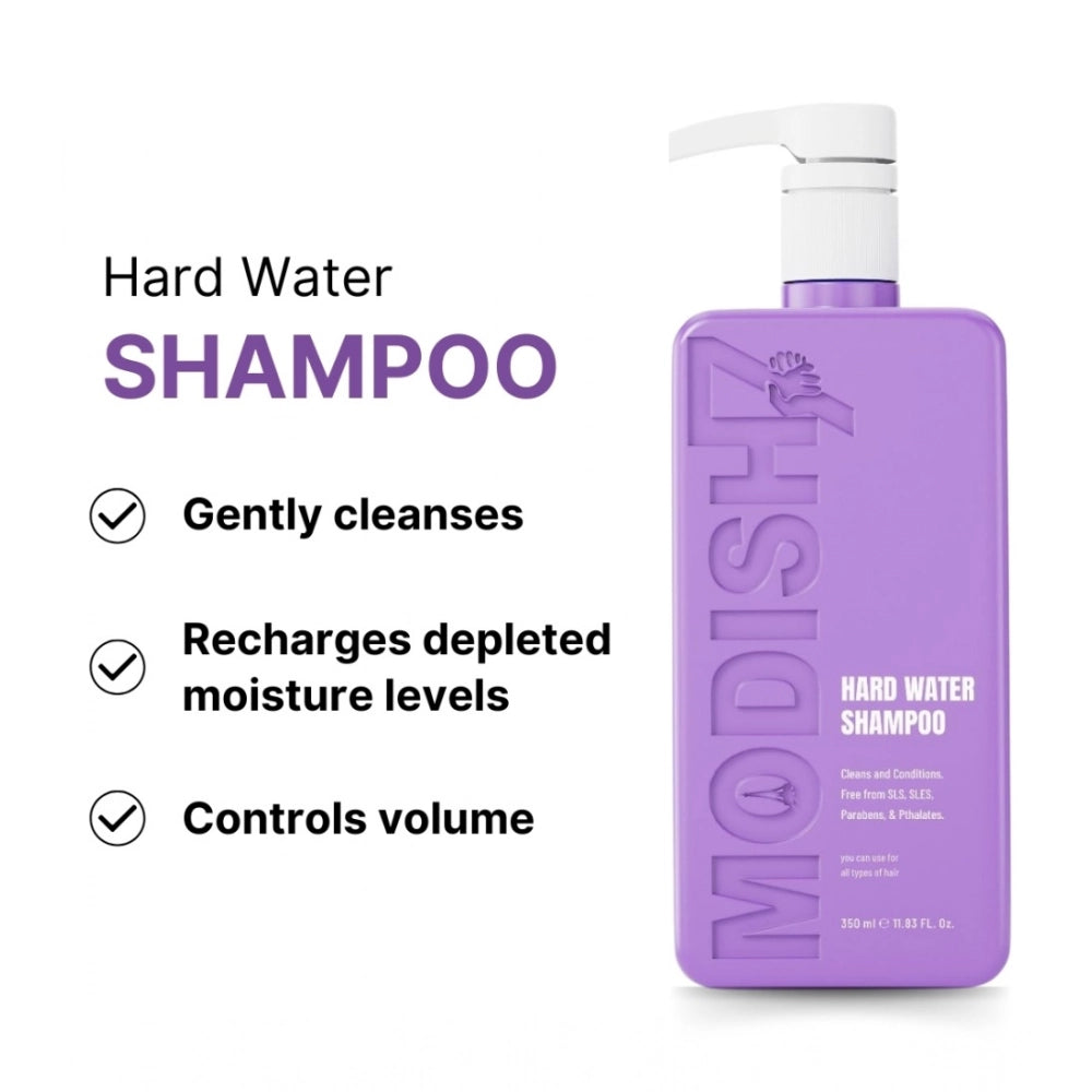 Purple hard water shampoo bottle with white pump and label icons