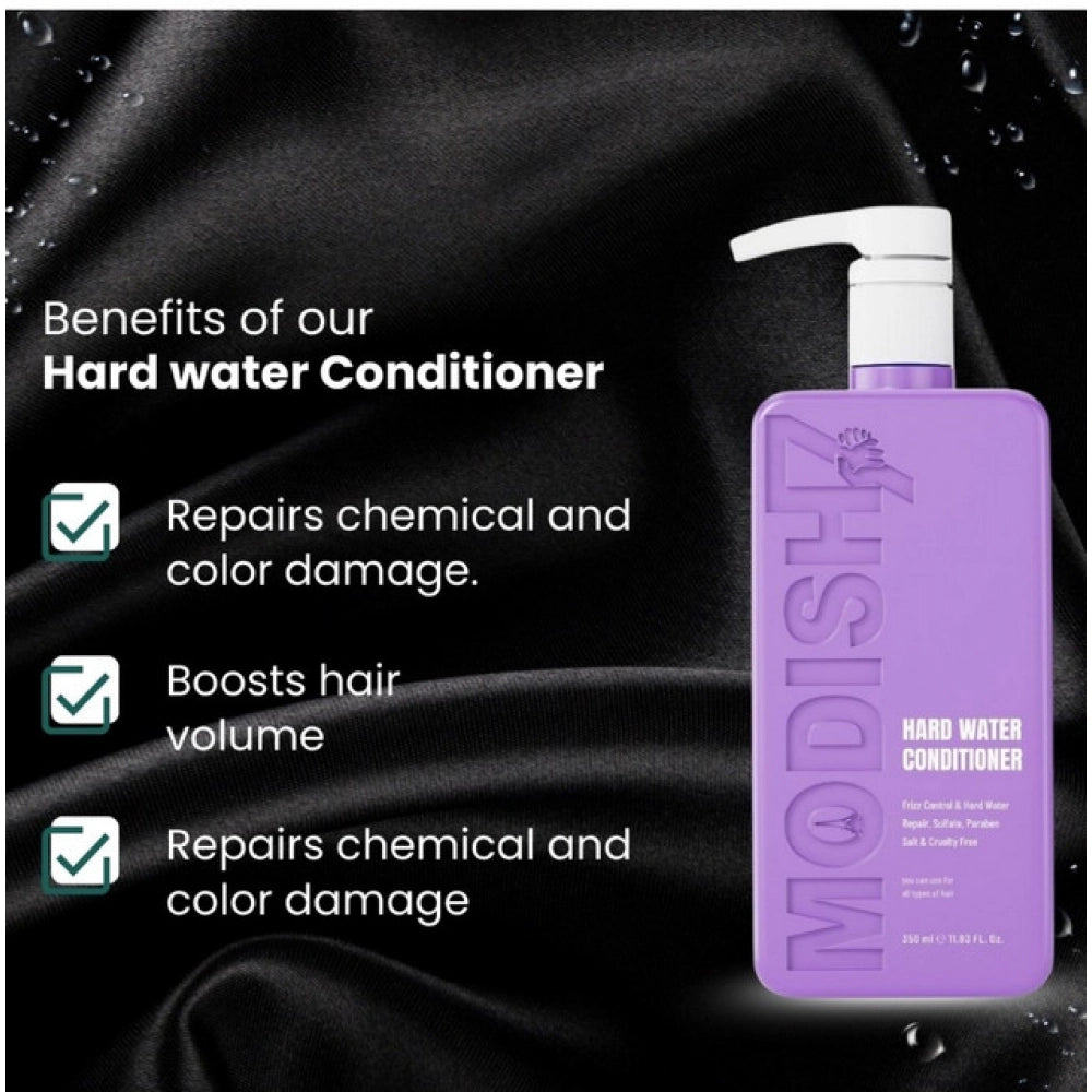 Hard water conditioner benefits card with purple bottle and white pump