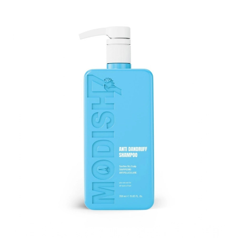 Blue anti-dandruff shampoo bottle with white pump dispenser, 350 mL