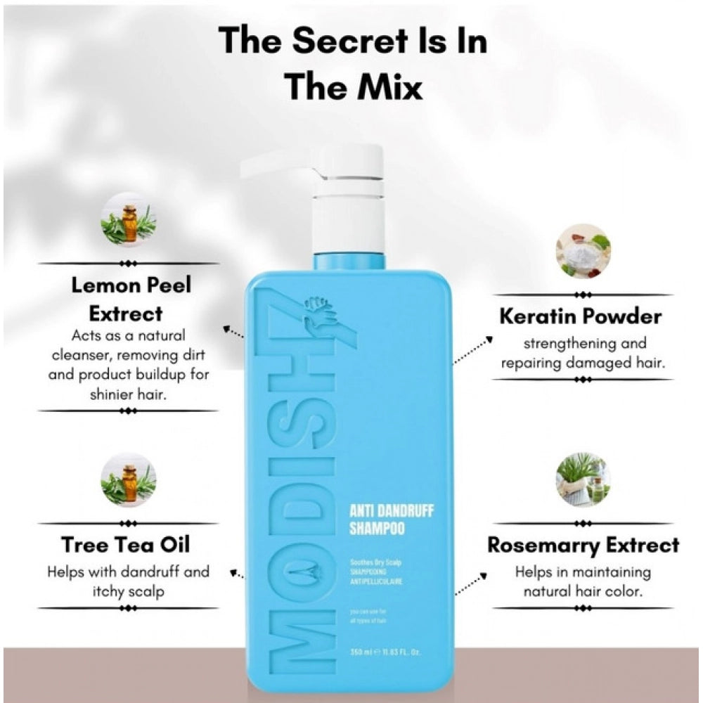 Blue anti-dandruff shampoo bottle with white pump; centered front label